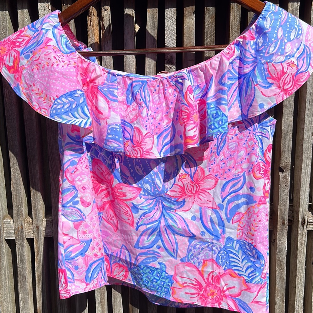 Lilly Pulitzer summer top one shoulder ruffle multicolor cool breathable cotton - Picture 2 of 9